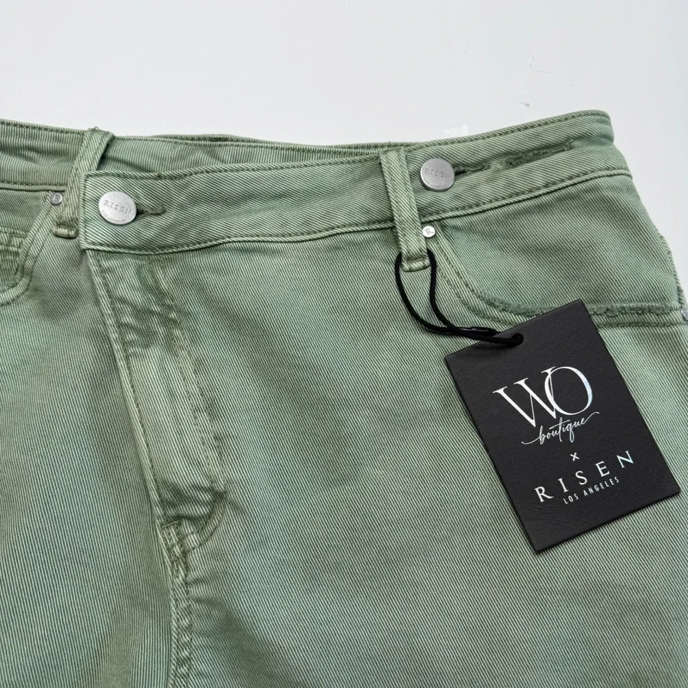 RISEN JEANS Asymmetrical Crossover Olive Green Distressed Shorts Women's XL NEW